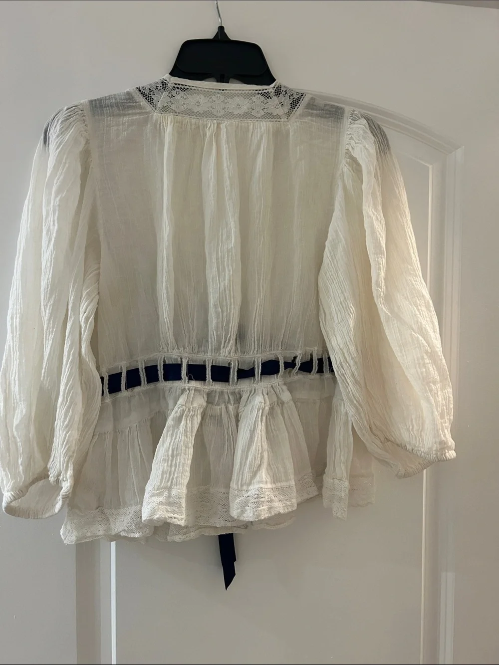 Free People Ivory Lace Peasant Top with Navy Ribbon